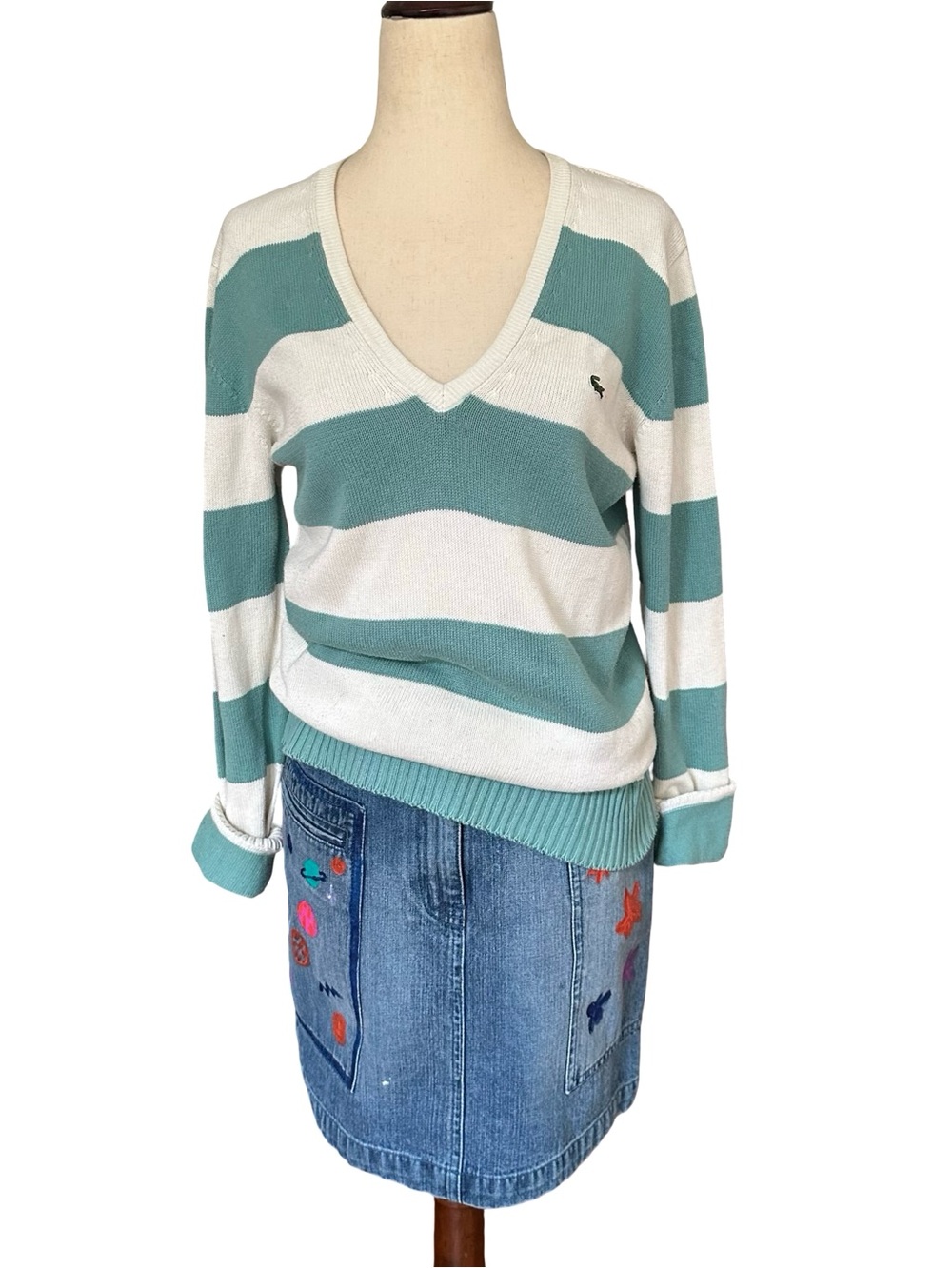 Vtg 80s Lacoste France Striped V-Neck Cotton Coastal Sweater Seafoam & White 8